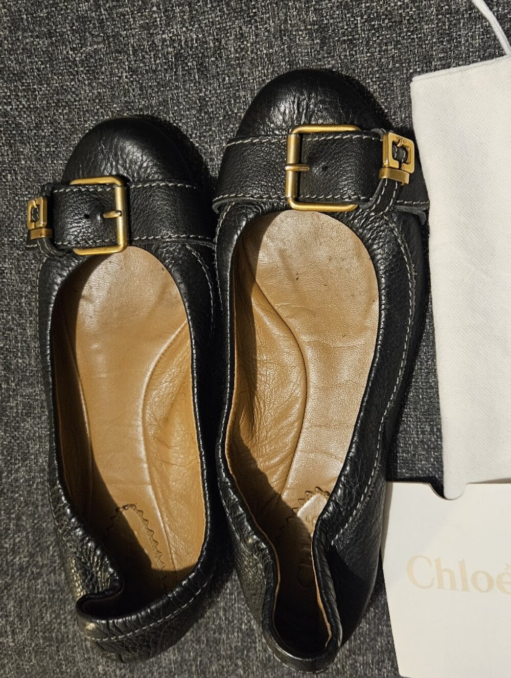 Authentic Women's Chloe Black Leather Gold Buckle Ballet Flats